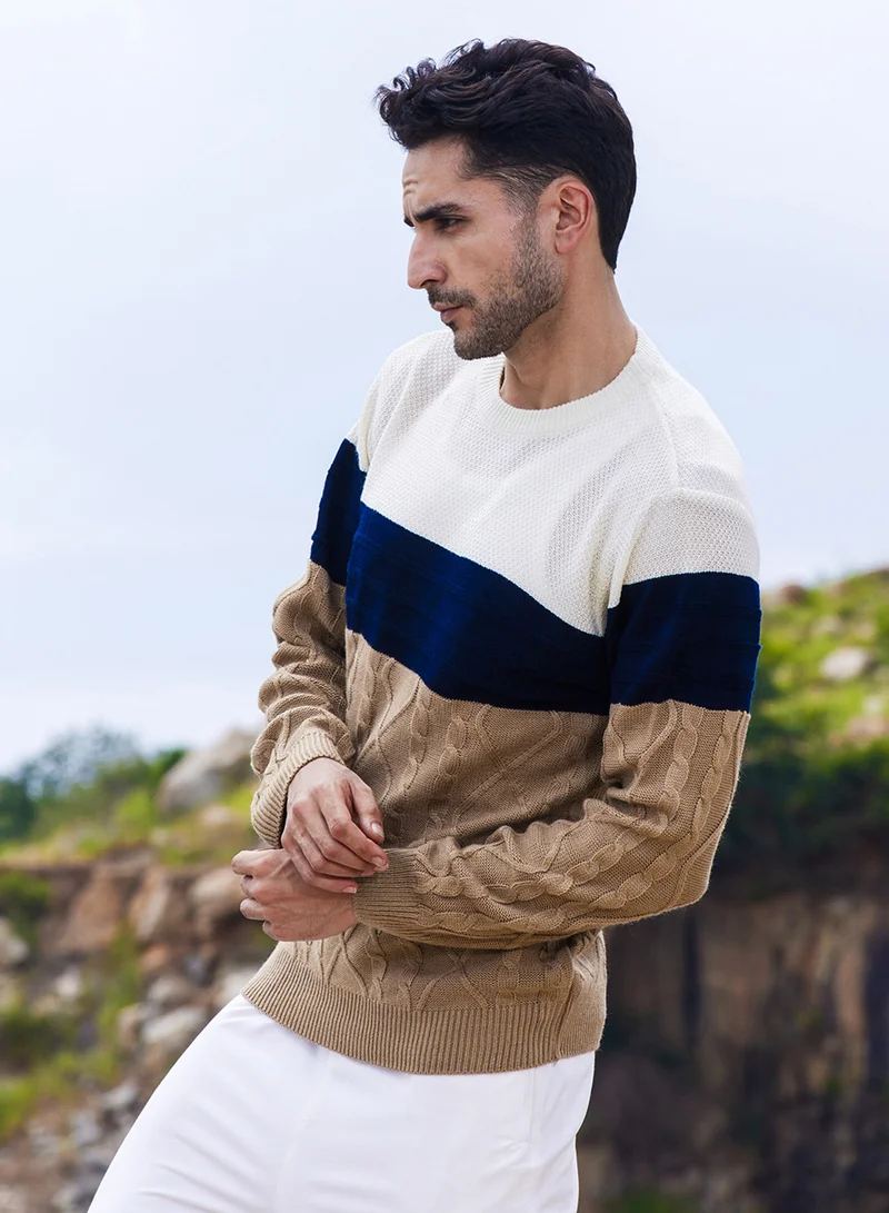 كامبوس سوترا Men's Multicolour Contrast Panel Cable Knit Sweater