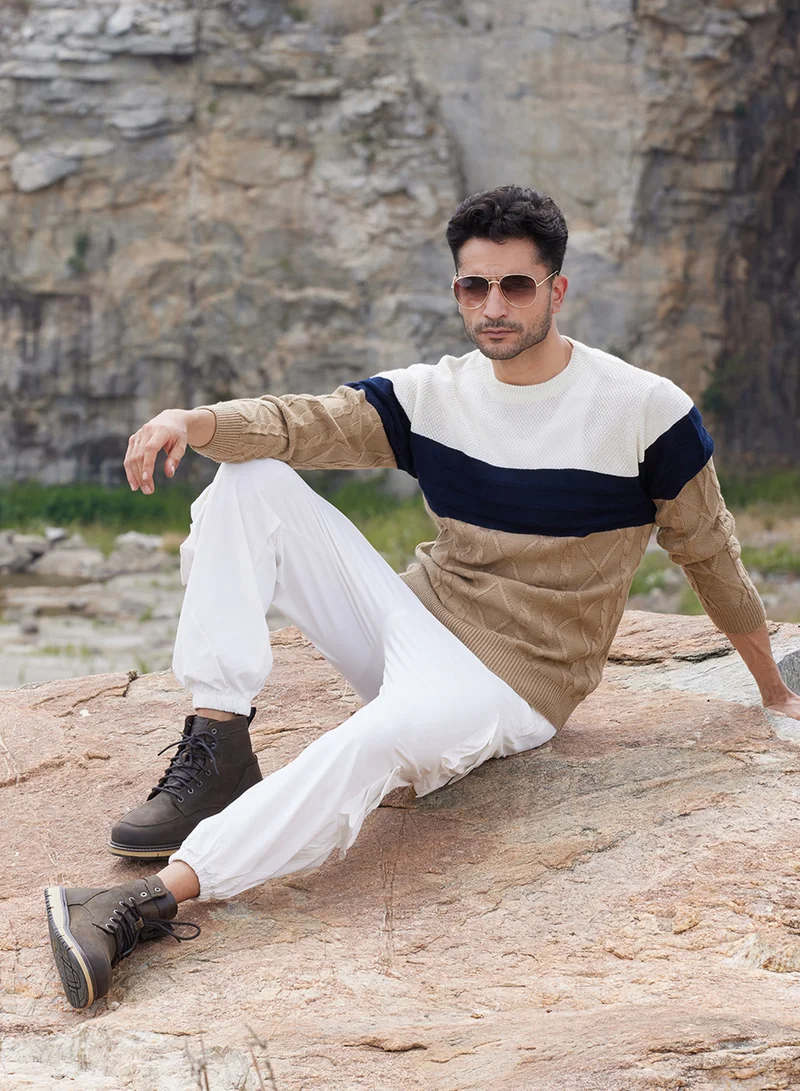 كامبوس سوترا Men's Multicolour Contrast Panel Cable Knit Sweater