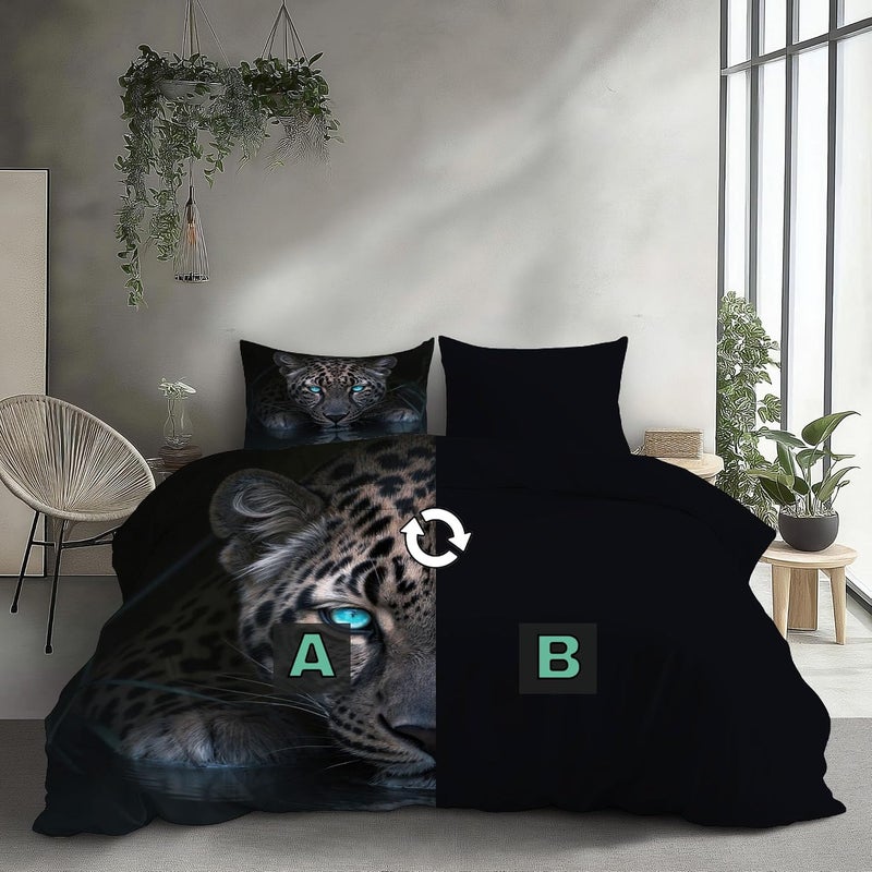 Twin Duvet Cover Sets, 68" x 90" Wild Animals Reversible Bedding Set Soft Breathable Blue-Eyed Leopard Bed Sets Lightweight Comforter Cover with Pillowcases, Grayish Brown - Image 4