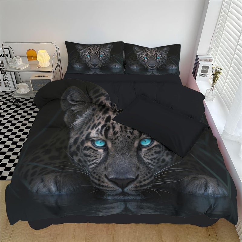 Twin Duvet Cover Sets, 68" x 90" Wild Animals Reversible Bedding Set Soft Breathable Blue-Eyed Leopard Bed Sets Lightweight Comforter Cover with Pillowcases, Grayish Brown - Image 2