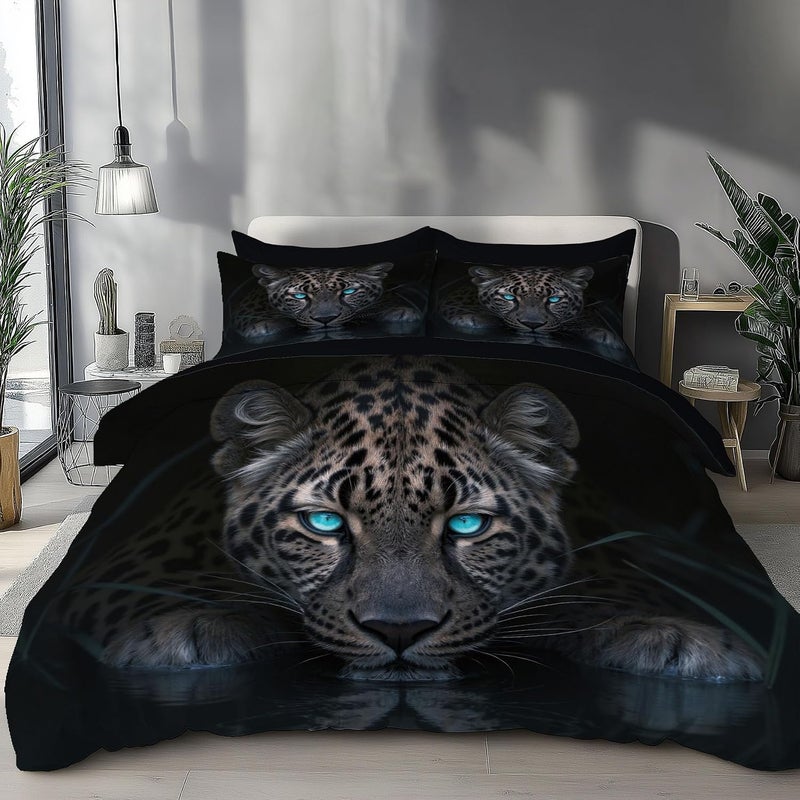 Twin Duvet Cover Sets, 68" x 90" Wild Animals Reversible Bedding Set Soft Breathable Blue-Eyed Leopard Bed Sets Lightweight Comforter Cover with Pillowcases, Grayish Brown - Image 1