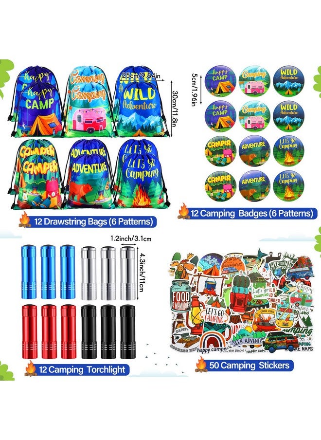 Zhanmai - 140 Pcs Camping Party Favors Include Silicone Bracelets, Stickers, Camping Keychain, Badge, Camouflage Pencils, Spiral Camp Adventure Theme Notepads Drawstring Bags Mini Flashlight For Kids - Image 1