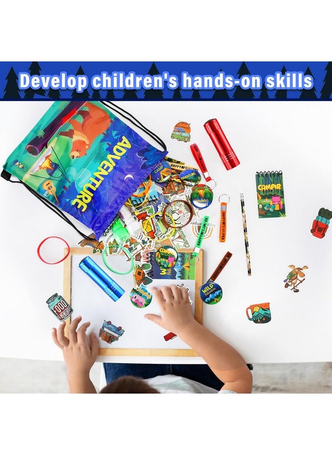 Zhanmai - 140 Pcs Camping Party Favors Include Silicone Bracelets, Stickers, Camping Keychain, Badge, Camouflage Pencils, Spiral Camp Adventure Theme Notepads Drawstring Bags Mini Flashlight For Kids - Image 1