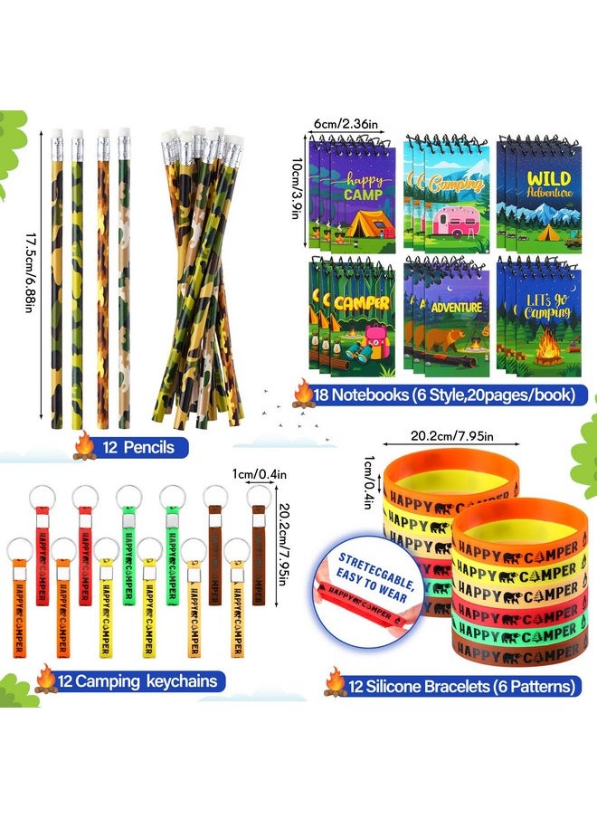 Zhanmai - 140 Pcs Camping Party Favors Include Silicone Bracelets, Stickers, Camping Keychain, Badge, Camouflage Pencils, Spiral Camp Adventure Theme Notepads Drawstring Bags Mini Flashlight For Kids - Image 1