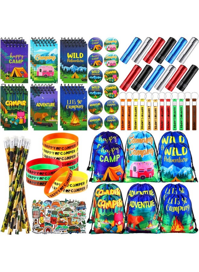 Zhanmai - 140 Pcs Camping Party Favors Include Silicone Bracelets, Stickers, Camping Keychain, Badge, Camouflage Pencils, Spiral Camp Adventure Theme Notepads Drawstring Bags Mini Flashlight For Kids - Image 1