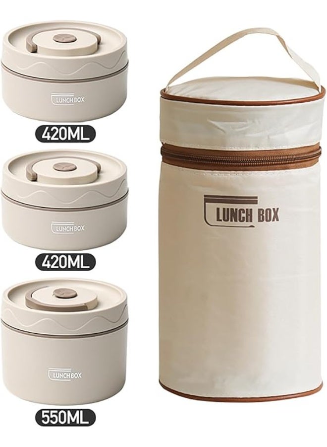 لانش بوكس حرارية من الستانلس ستيل بثلاث طبقات مع حقيبة عازلة للحرارة (بيج – 420مل +420مل +4550مل) | علبة طعام مانعة للتسرب للحفاظ على حرارة الطعام | لانش بوكس حراري للمدرسة والعمل والرحلات للبالغين والأطفال - Image 1