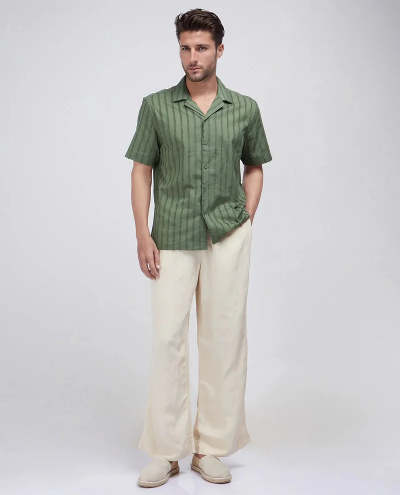 Rare Rabbit Rare Rabbit Men's Cuen Dark Green Cotton Fabric Short Sleeve Cuban Collar Striped Shirt