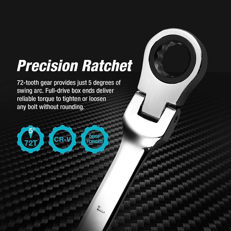 DURATECH Flex-Head Ratcheting Combination Wrench Set, SAE, 13-piece, 5/16'' to 1'', CR-V Steel, with Rolling Pouch - Image 4