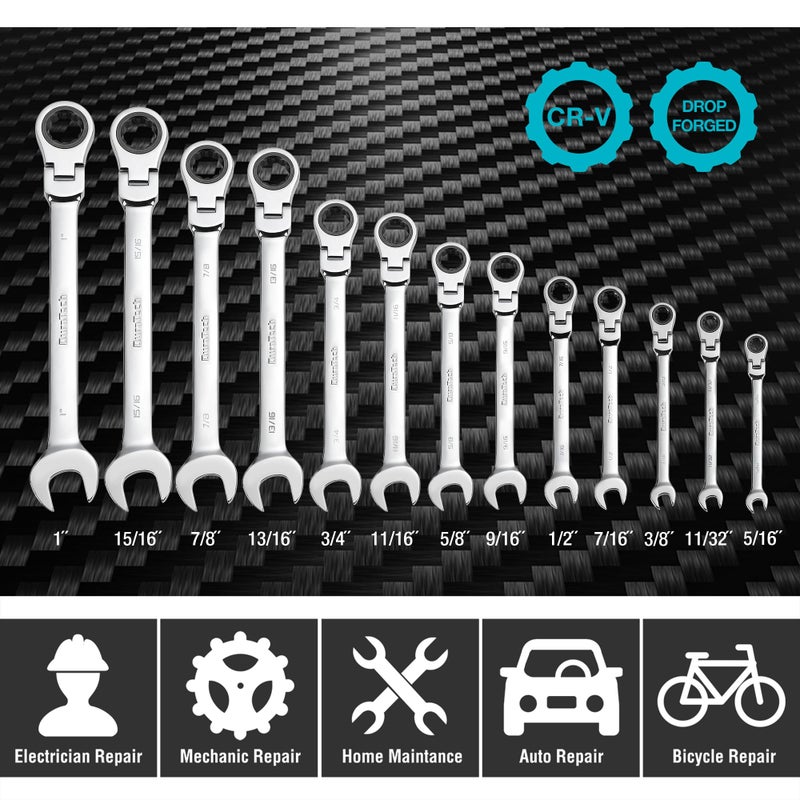 DURATECH Flex-Head Ratcheting Combination Wrench Set, SAE, 13-piece, 5/16'' to 1'', CR-V Steel, with Rolling Pouch - Image 2