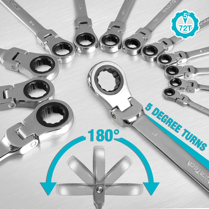 DURATECH Flex-Head Ratcheting Combination Wrench Set, SAE, 13-piece, 5/16'' to 1'', CR-V Steel, with Rolling Pouch - Image 3