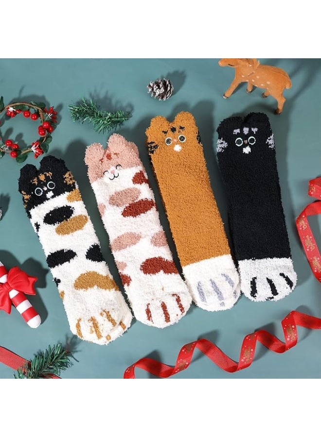SUNSAR 4Pairs Womens Winter Socks Fluffy Soft Slipper Sleep Socks, Fluffy Cat Paw Pattern Socks for Women and Girls, Soft Fuzzy Slipper Socks - Image 5