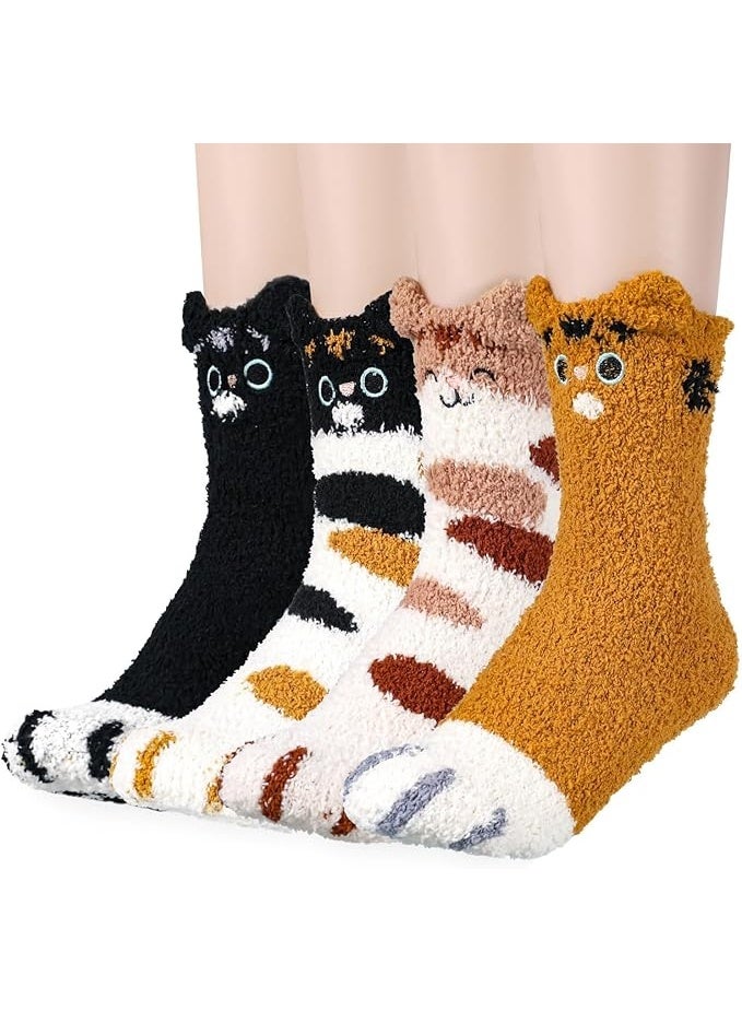 SUNSAR 4Pairs Womens Winter Socks Fluffy Soft Slipper Sleep Socks, Fluffy Cat Paw Pattern Socks for Women and Girls, Soft Fuzzy Slipper Socks - Image 1