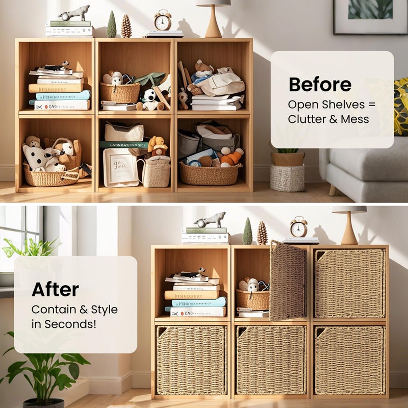 AELS 13" Handwoven Natural Fibre Doors for Cube Storage Shelf, Set of 4, Boho Straw Shelf Cover for Bookcase & Open Bookshelf, Rustic Farmhouse Home Decor, fit IKEA Kallax Shelf, Natural (Door ONLY) - Image 4