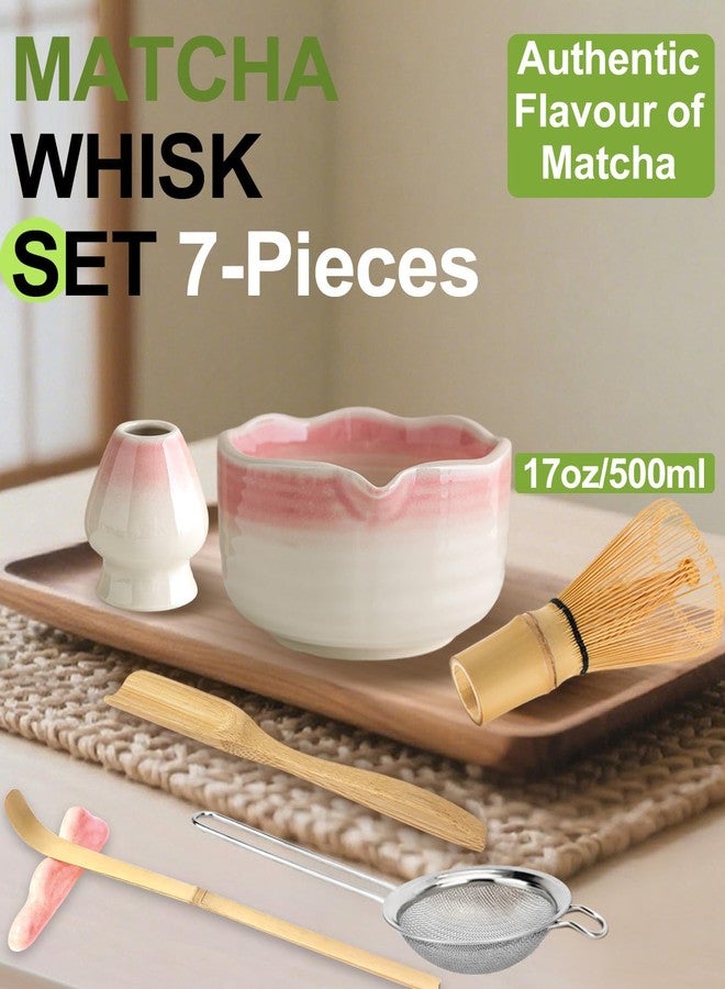 JBER Matcha Whisk Set, Ceramic Matcha Set Includes Bowl & Holder, Bamboo Whisk (Chasen), Sifter, Scoop, Spoon & Rest - 7PCS Matcha Kit Gift for Matcha Lovers & Beginners, Gradient Pink - Image 2
