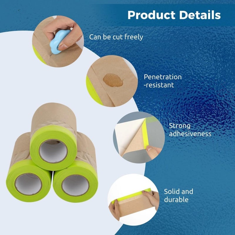 6 In X 50 Ft Pre-Taped Paint Masking Paper, 4 Rolls Adhesive Backing Paper For Door Frames, Molding, Automotive, Paint Prep - Image 3