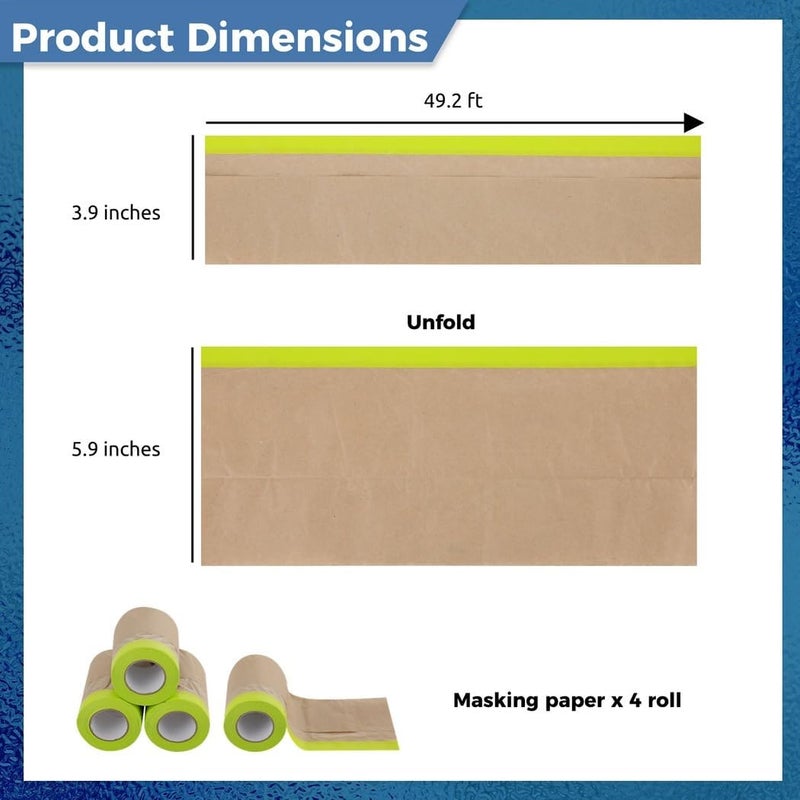 6 In X 50 Ft Pre-Taped Paint Masking Paper, 4 Rolls Adhesive Backing Paper For Door Frames, Molding, Automotive, Paint Prep - Image 4