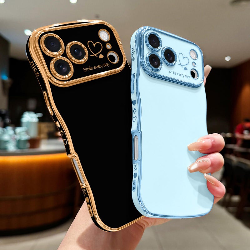 LCHULLE for iPhone 17 Pro Max Case for Women Girls, Cute Wave Frame Curly Shape with Love Heart Pattern Raised Camera Protection Cover Luxury Plating Shockproof Phone Case for iPhone 17 Pro Max, Black - Image 5