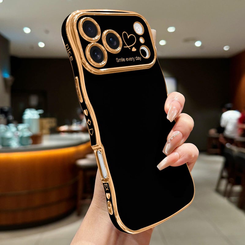 LCHULLE for iPhone 17 Pro Max Case for Women Girls, Cute Wave Frame Curly Shape with Love Heart Pattern Raised Camera Protection Cover Luxury Plating Shockproof Phone Case for iPhone 17 Pro Max, Black - Image 2