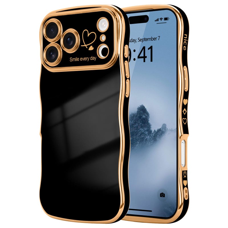 LCHULLE for iPhone 17 Pro Max Case for Women Girls, Cute Wave Frame Curly Shape with Love Heart Pattern Raised Camera Protection Cover Luxury Plating Shockproof Phone Case for iPhone 17 Pro Max, Black - Image 1