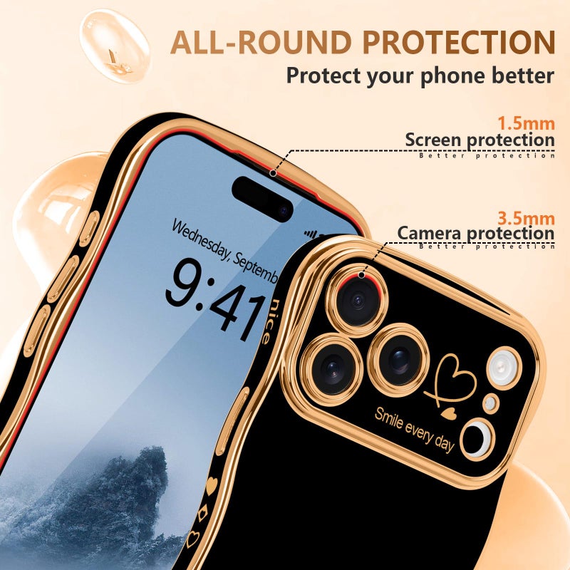 LCHULLE for iPhone 17 Pro Max Case for Women Girls, Cute Wave Frame Curly Shape with Love Heart Pattern Raised Camera Protection Cover Luxury Plating Shockproof Phone Case for iPhone 17 Pro Max, Black - Image 4