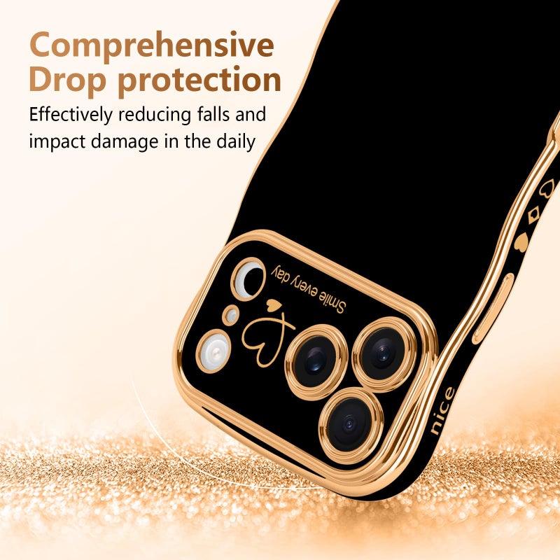 LCHULLE for iPhone 17 Pro Max Case for Women Girls, Cute Wave Frame Curly Shape with Love Heart Pattern Raised Camera Protection Cover Luxury Plating Shockproof Phone Case for iPhone 17 Pro Max, Black - Image 3