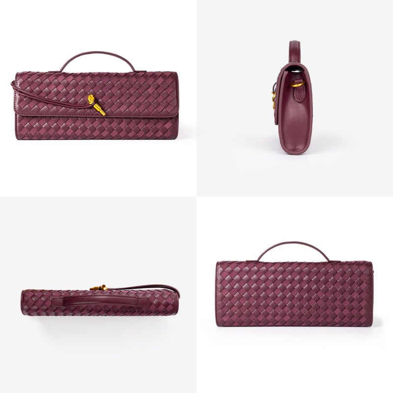 Joryin Woven Purse For Women Evening Clutch Woven Leather Handbags Crossbody Bag Suede Purse Formal Evening Bag, Red Wine - Image 3