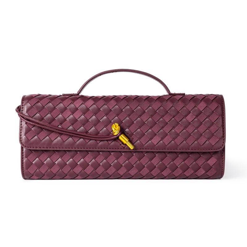 Joryin Woven Purse For Women Evening Clutch Woven Leather Handbags Crossbody Bag Suede Purse Formal Evening Bag, Red Wine - Image 1