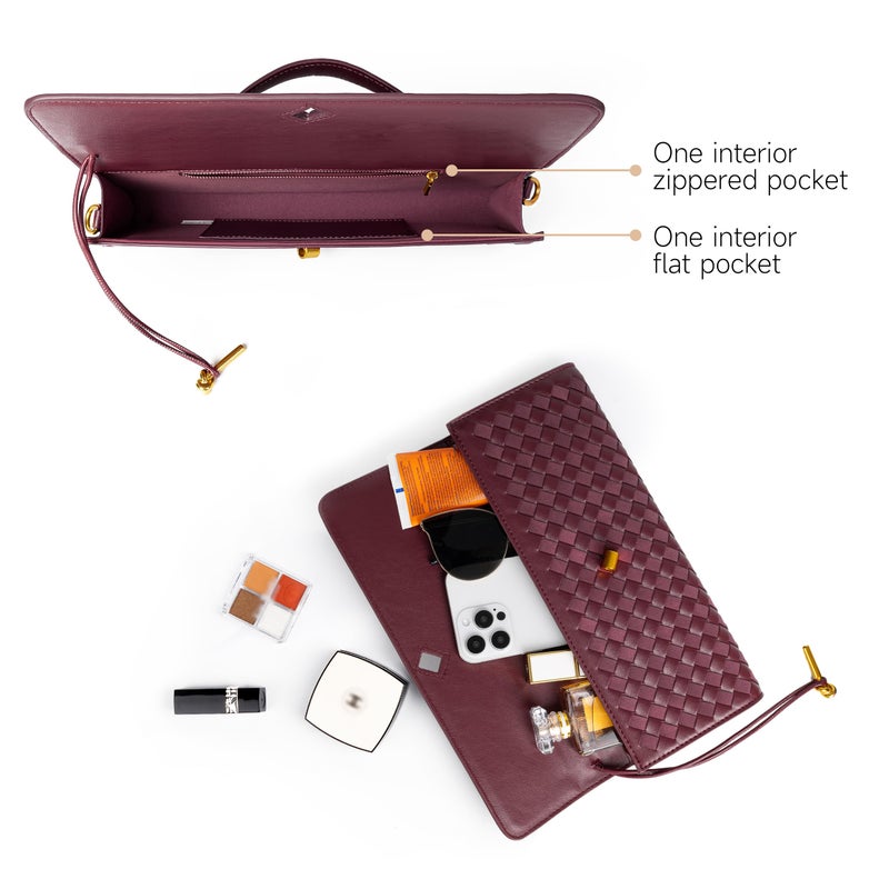 Joryin Woven Purse For Women Evening Clutch Woven Leather Handbags Crossbody Bag Suede Purse Formal Evening Bag, Red Wine - Image 5