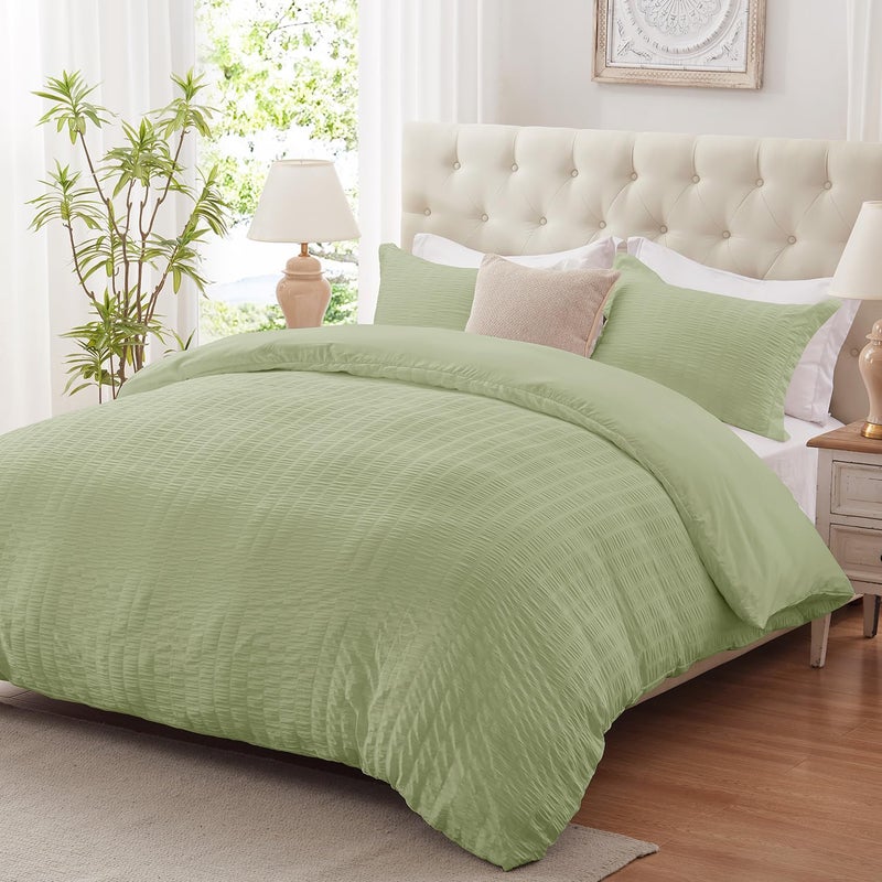 cozyide Green Duvet Cover Queen Size 3 Pieces Bedding Duvet Covers Soft Breathable Seersucker Duvet Cover Set with Zipper Closure and Corner Ties 1 Duvet Cover 90x90  2 Pillow Shams 20x26
