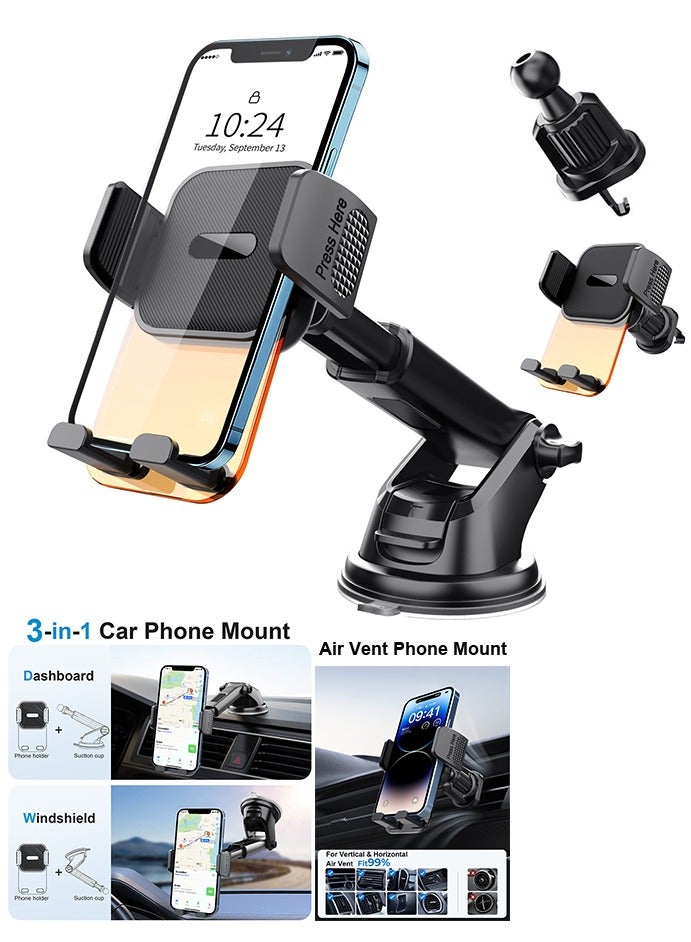 YZMA GLOBAL Car Phone Holder Car Mount, Upgraded 3-in-1 Dashboard/Air Vent/Windscreen, Metal Hook Mobile Holder with One-Button Release, 360° Rotation, Compatible with 4.7-7.2 Inch Phones - Image 1