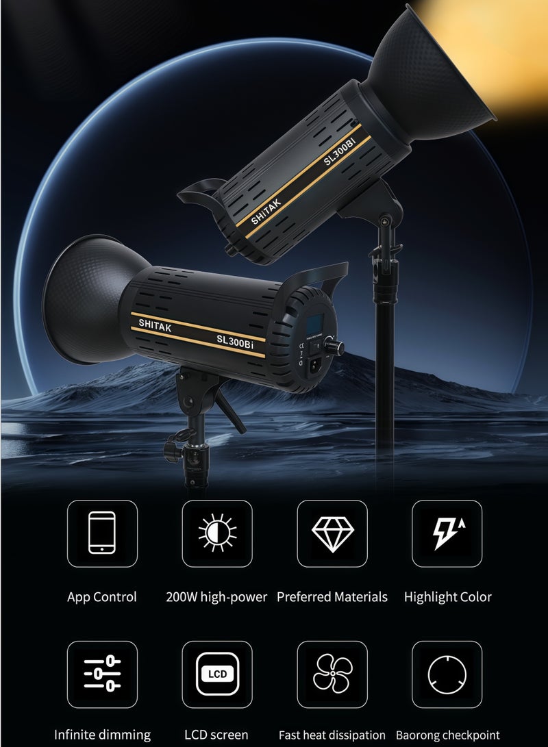 Shitak 200W Bi-Color LED Video Light, Professional COB Studio Lighting 200W 2700-6500K with Bowens Mount and Standard Reflector, 5-100% Dimmable Continuous Light for Photography, Live Stream, YouTube, Filmmaking (APP & Remote Control) - Image 3