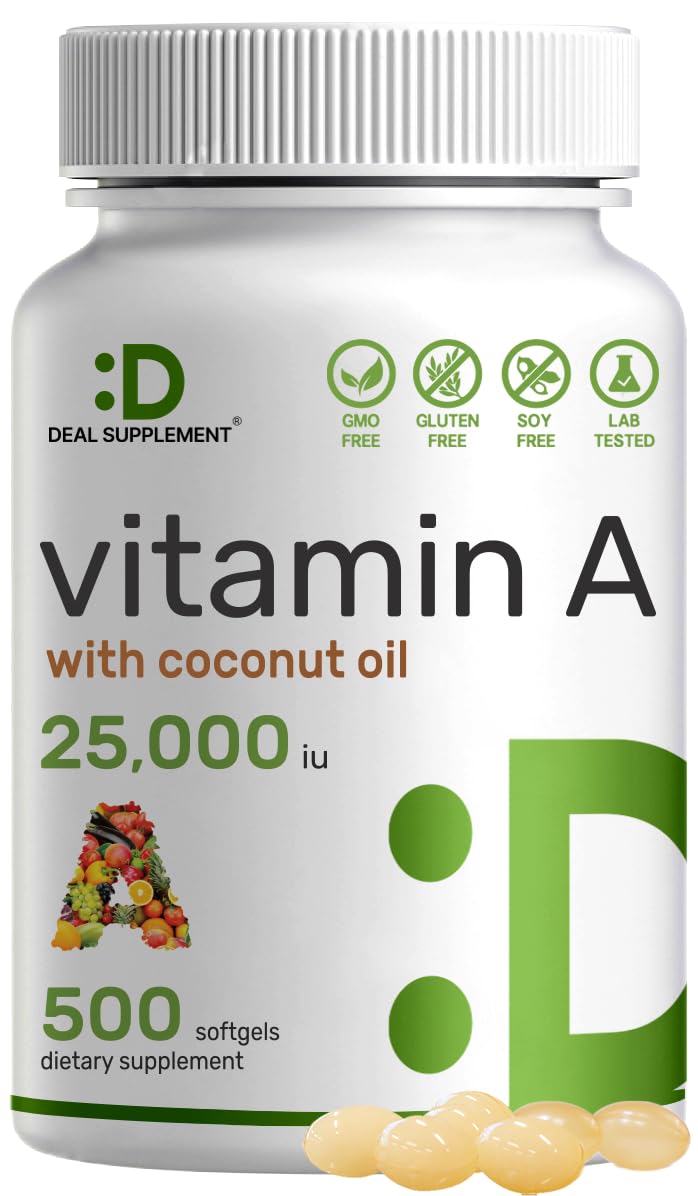 DEAL SUPPLEMENT High Potency Vitamin A 25000 IU 500 Coconut Oil Softgels Easily Absorbed Natural Fish Liver Oil Source Vitamins for Eye Immune Skin Health Easy to Swallow NonGMO