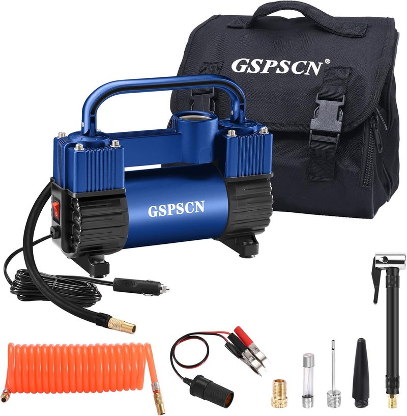 GSPSCN مضخة هواء GSPSCN الزرقاء لتضخيم الإطارات - 12 فولت، 150 PSI، مع حقيبة محمولة - Image 1