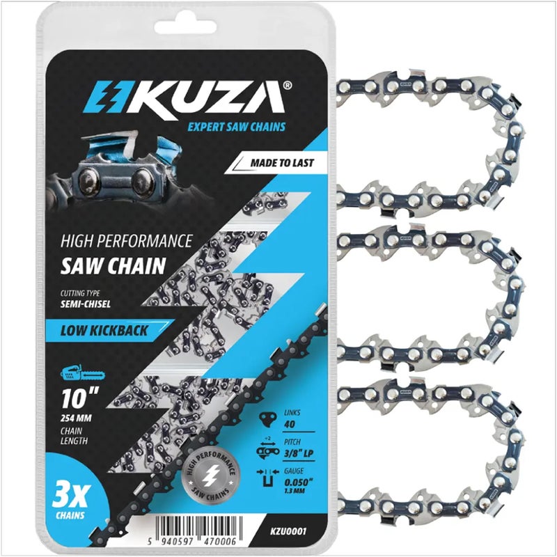 Kuza Premium 10 Inch Chainsaw Chain 3/8" LP Pitch, 050" Gauge, 40 Drive Links, German Steel, fits MAKITA, ECHO, Remington RM1035P, Worx WG309, Sun Joe SWJ803E, Craftsman - and more - S40 (3 Chains) - Image 1