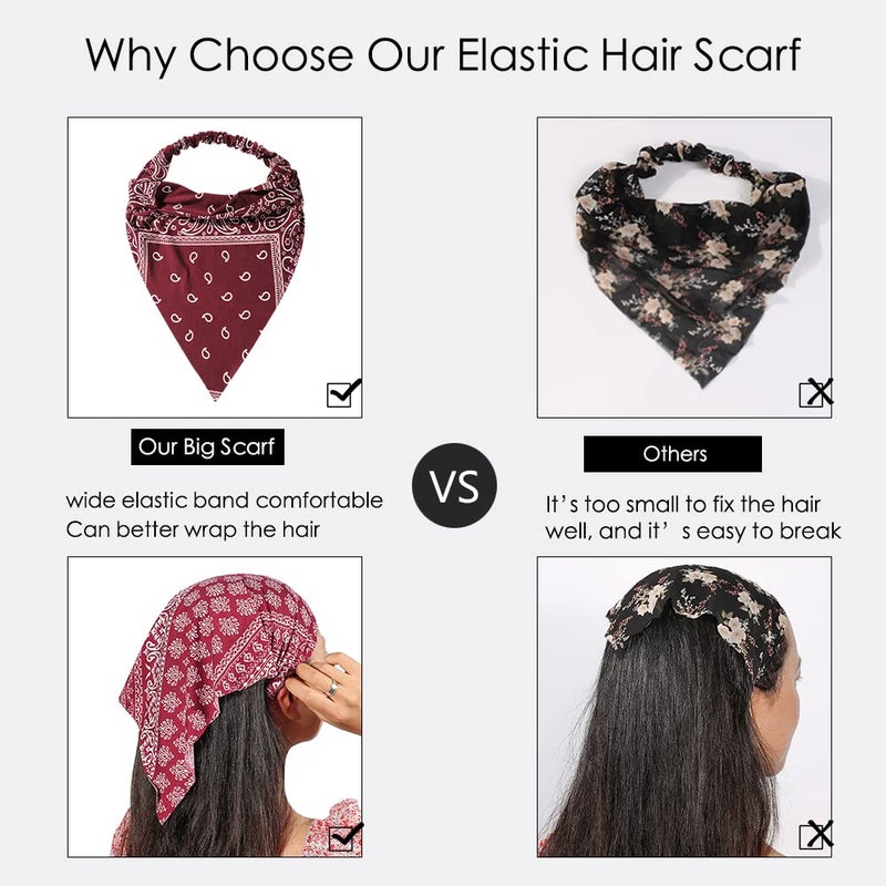 Vercret 6 Pack Hair Scarf Headband for Women - Elastic Hair Kerchief Large Boho Triangle Bandana Head Scarf with Clips Non Slip Paisley Print Headbands Hair Scarves for Teen Girls - Image 4