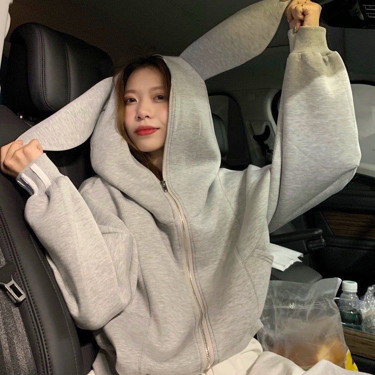 Anti-Pilling 2025 Internet Celebrity Rabbit Ear Hooded Sweatshirt Womens Short Grey All-Match Loose Lazy Style Coat Grey