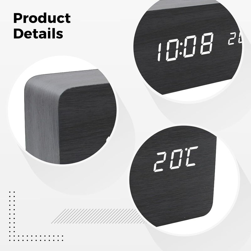 Clock Digital Wall Led And Multifunctional, Modern Design Black Wood, Display Time And Temperature, Powered Battery And Usb, Atomic Clock, Great For Students And Bedrooms - Image 4