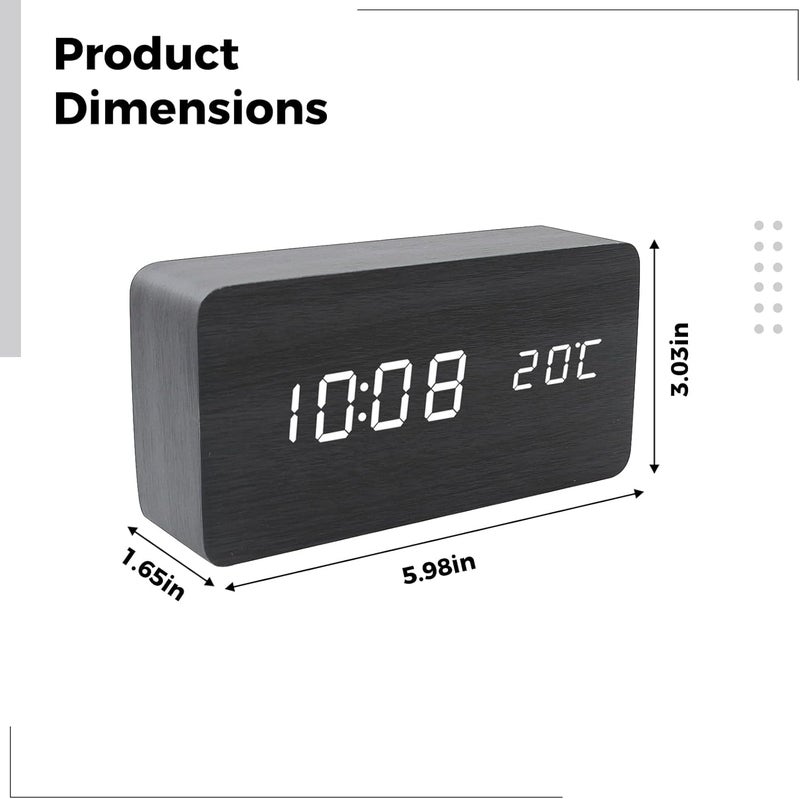 Clock Digital Wall Led And Multifunctional, Modern Design Black Wood, Display Time And Temperature, Powered Battery And Usb, Atomic Clock, Great For Students And Bedrooms - Image 3