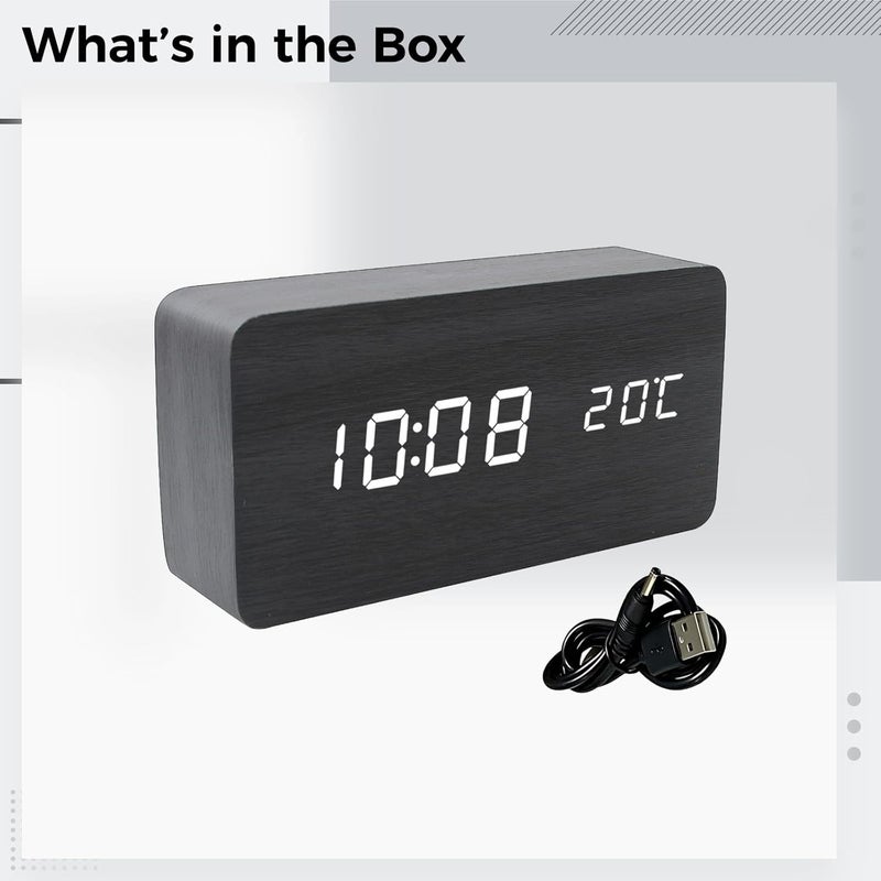 Clock Digital Wall Led And Multifunctional, Modern Design Black Wood, Display Time And Temperature, Powered Battery And Usb, Atomic Clock, Great For Students And Bedrooms - Image 2