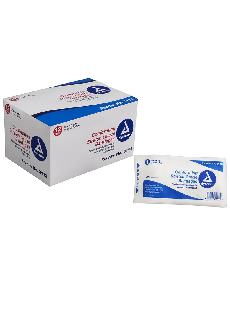 Dynarex Dynarex Stretch Gauze Bandage Roll Sterile 3 Inches by 4 Yards - Box of 12 (1 Box) 