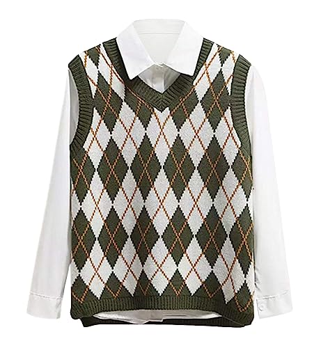Lailezou Women's V Neck Knit Sweater Vest Argyle Plaid Preppy Style Sleeveless Crop Knitwear Tank Green - Image 1