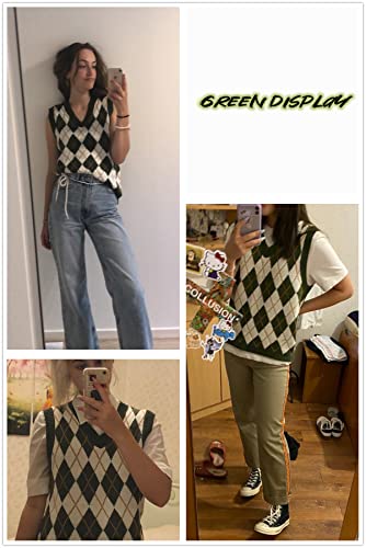 Lailezou Women's V Neck Knit Sweater Vest Argyle Plaid Preppy Style Sleeveless Crop Knitwear Tank Green - Image 2