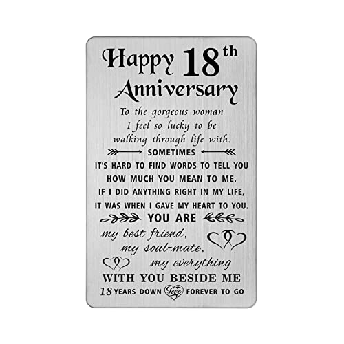 TANWIH 18 Year Anniversary Card Gifts for Her, 18th Wedding Anniversary Card for Wife Women, Engraved Metal Wallet Cards - Image 1