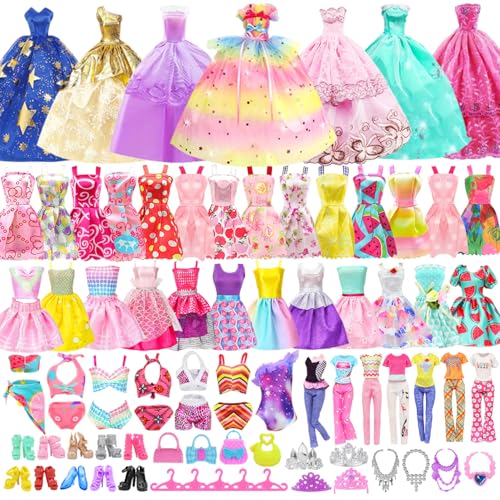 K. T. Fancy KT Fancy 100 Pcs Doll Clothes and Accessories 5 Wedding Gowns 10 Camisole Dress 2 Fashion Dresses 2 Tops 2 Pants 2 Bikini Swimsuits 10 Shoes 40 Hangers 17 Accessories for 115 inch Doll - Image 1