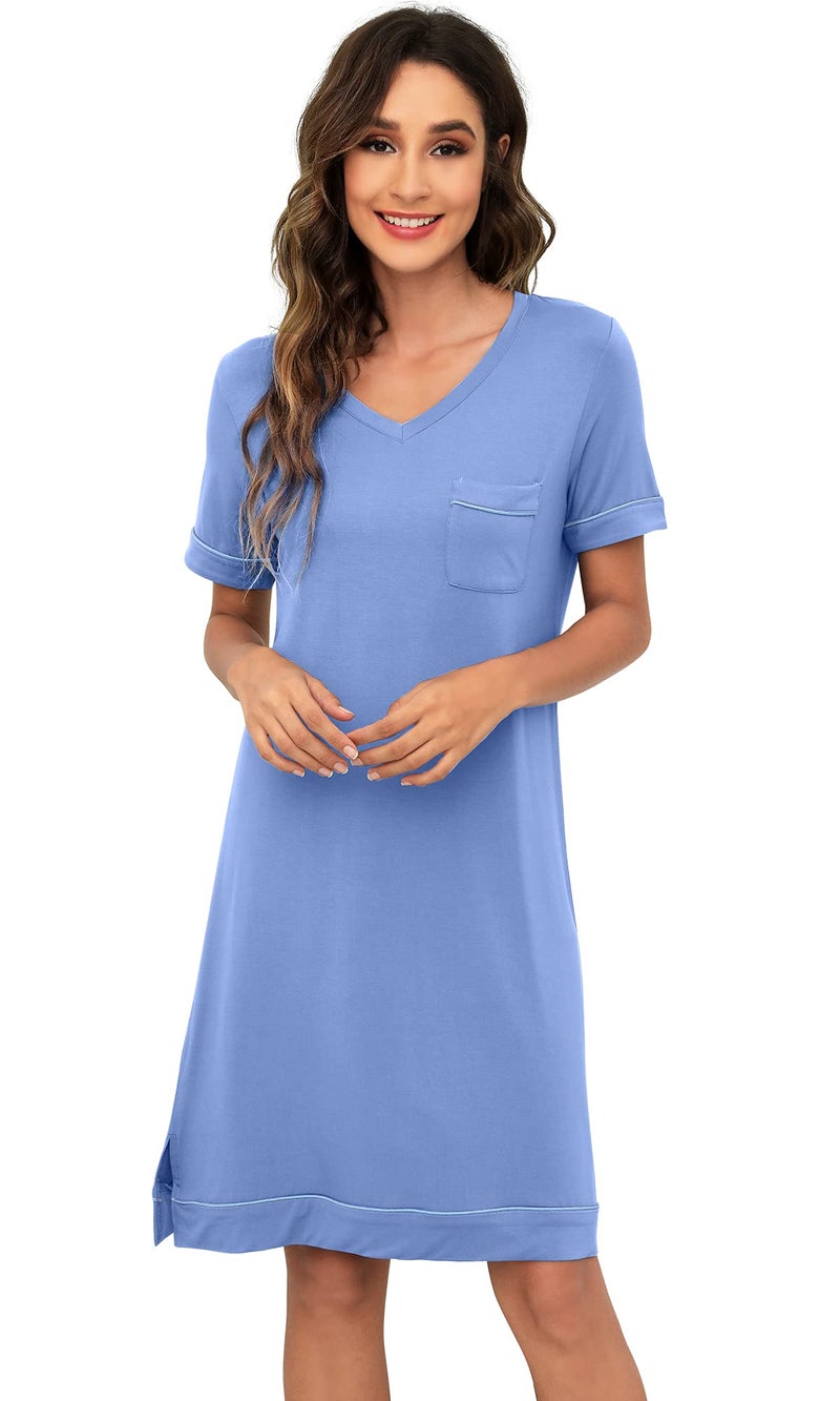 WiWi Viscose from Bamboo Nightgowns for Women Short Sleeve Sleep Shirt V Neck Nightgown Plus Size Sleepwear S4X Fog Blue 4X
