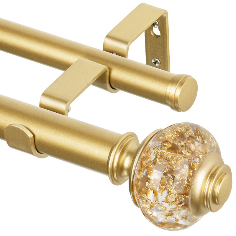 USFOOK 1 Inch Gold Double Curtain Rods 36 to 72 Inches (3 to 6 ft), USFOOK Drapery Rods for Windows, Telescoping Dual Curtain Rod with Luxury Translucent Finials - Image 1