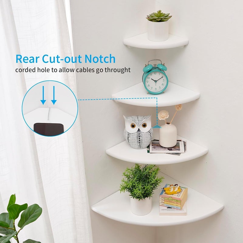 Conamily Corner Shelf, Solid Oak Wood Floating Corner Shelf Wall Mount Round End Floating Speaker Shelves with Wire Hole for Small Plant Photo Frame for Bedroom Kitchen, Living Room (White, 8.7in) - Image 3