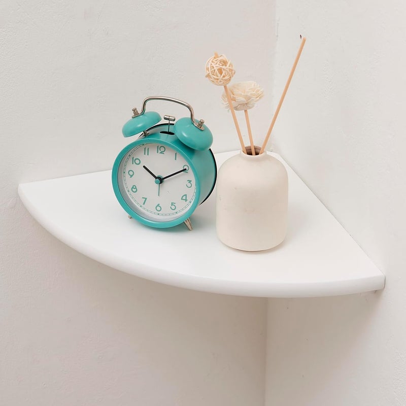 Conamily Corner Shelf, Solid Oak Wood Floating Corner Shelf Wall Mount Round End Floating Speaker Shelves with Wire Hole for Small Plant Photo Frame for Bedroom Kitchen, Living Room (White, 8.7in) - Image 1