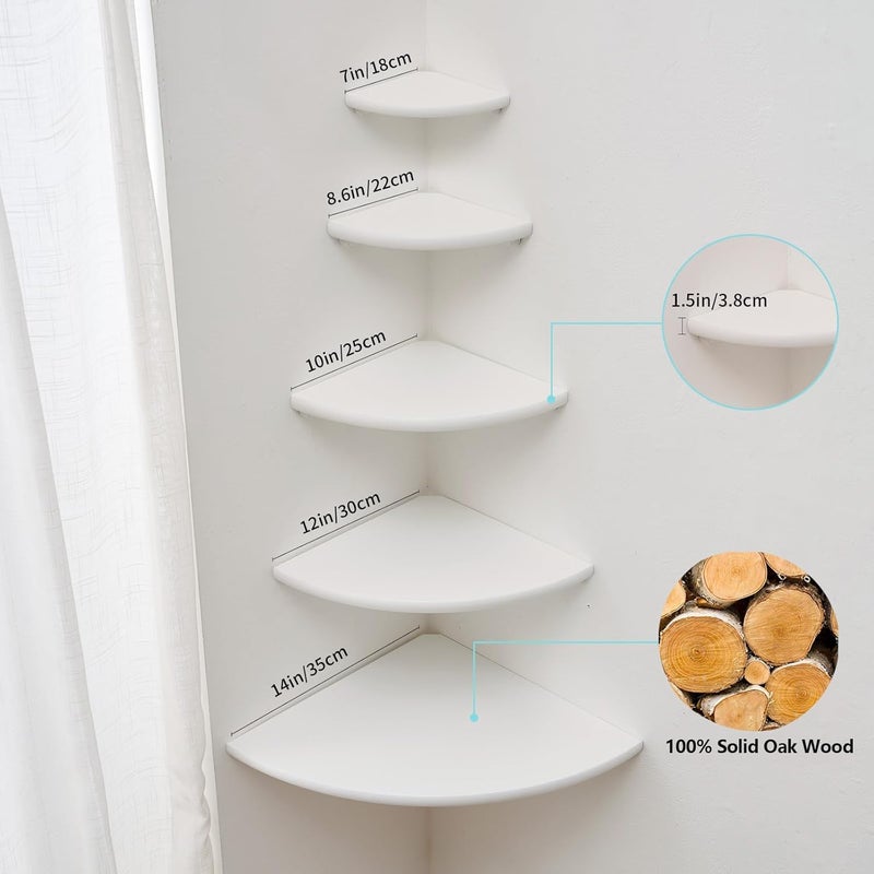 Conamily Corner Shelf, Solid Oak Wood Floating Corner Shelf Wall Mount Round End Floating Speaker Shelves with Wire Hole for Small Plant Photo Frame for Bedroom Kitchen, Living Room (White, 8.7in) - Image 5