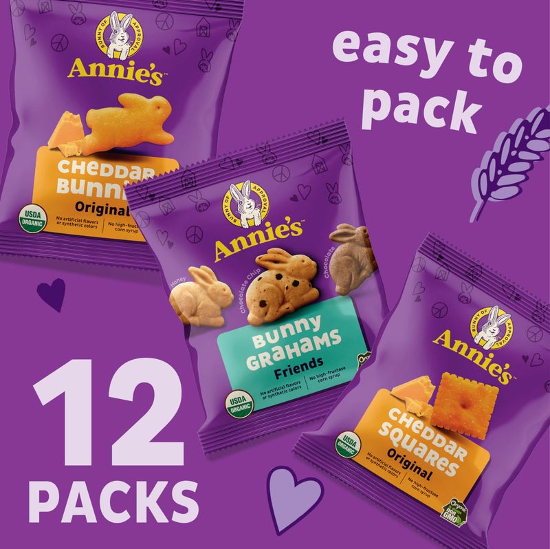 Annie's Organic Variety Pack, Cheddar Bunnies, Bunny Grahams and Cheddar Squares, 12 Pouches, 11 oz - Image 3